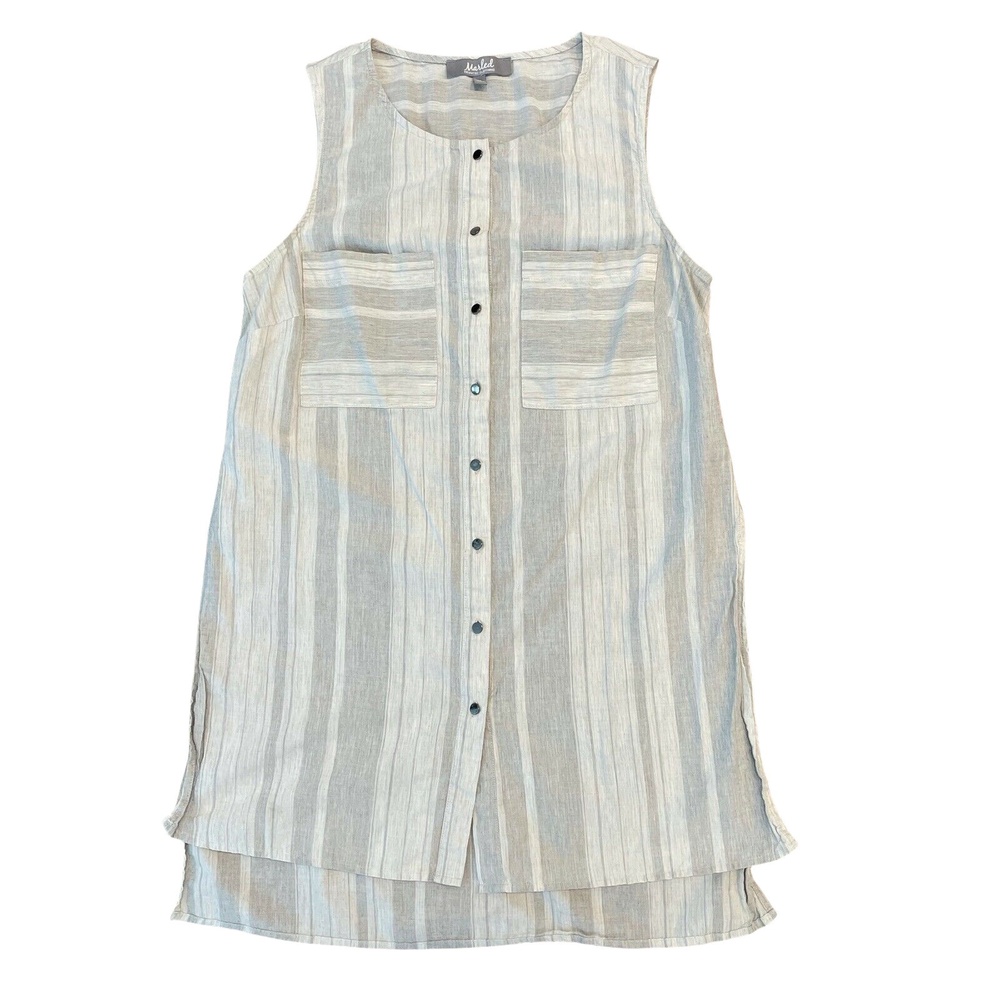 Marled Reunited Womens Tank Top Button Up Gray White Striped Collarless Casual M
